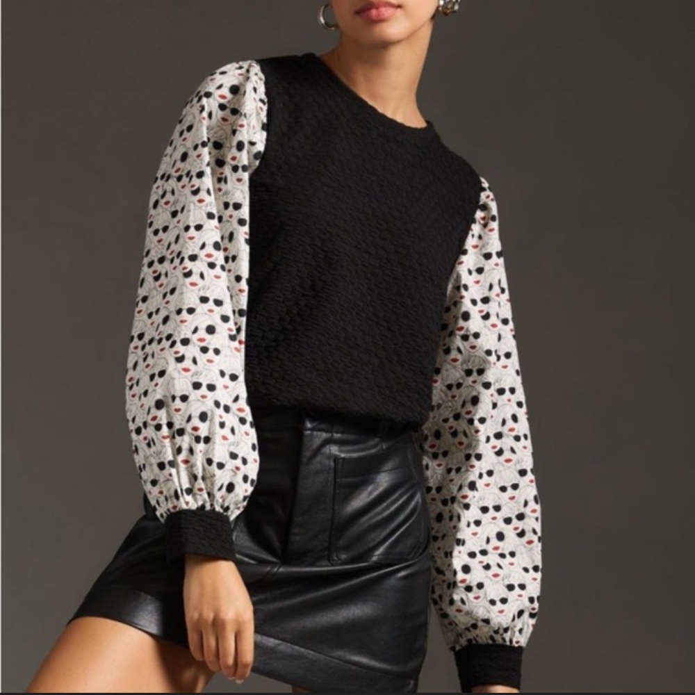 Anthropologie Porridge Graphic Face Print Sleeve Top Black Textured Knit Size S